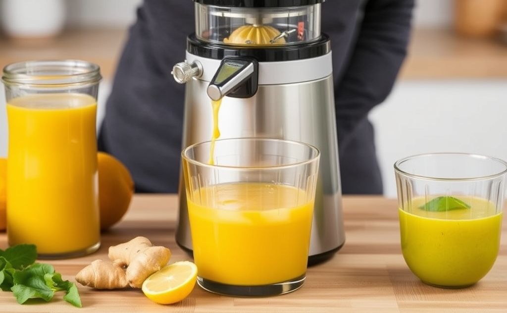 Ginger juicing with a Breville juicer in action