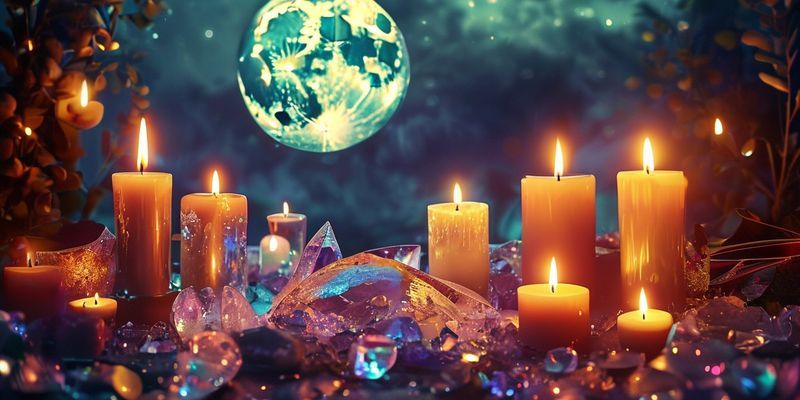 Dolunayın altında parlayan kristaller ve mumlar