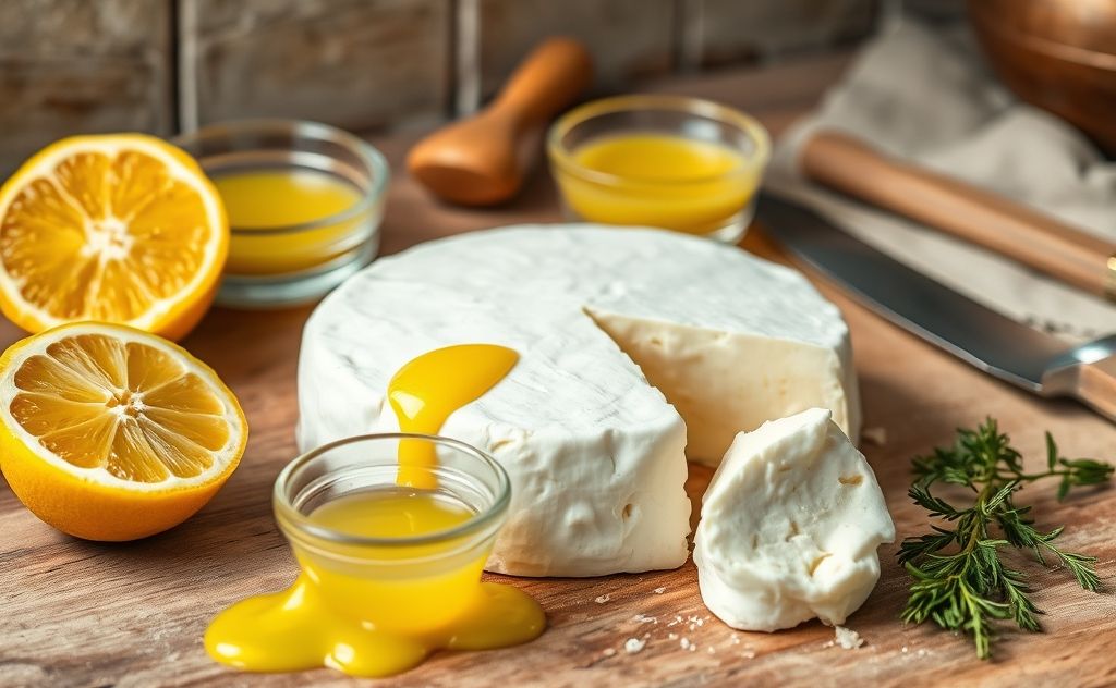 Goat cheese with lemon juice ingredients and tools