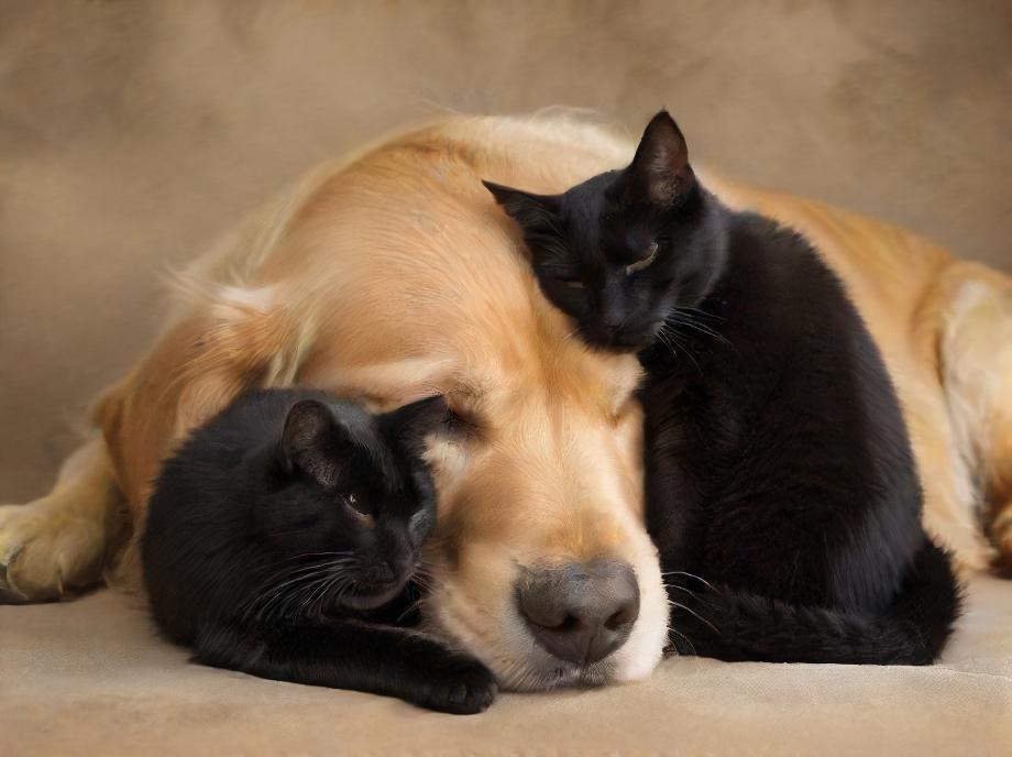 Golden Retriever and Black Cat Sleeping