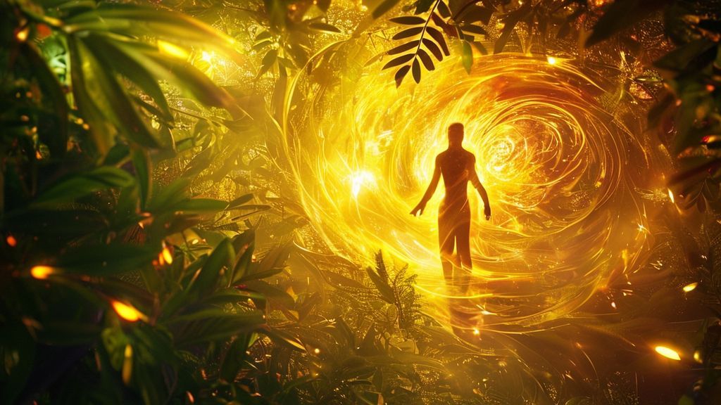 Golden sunlight filtering through lush foliage, illuminating a vibrant, swirling energy field encompassing a human figure. Ethereal glow, mystic aura, revealing potential paths.