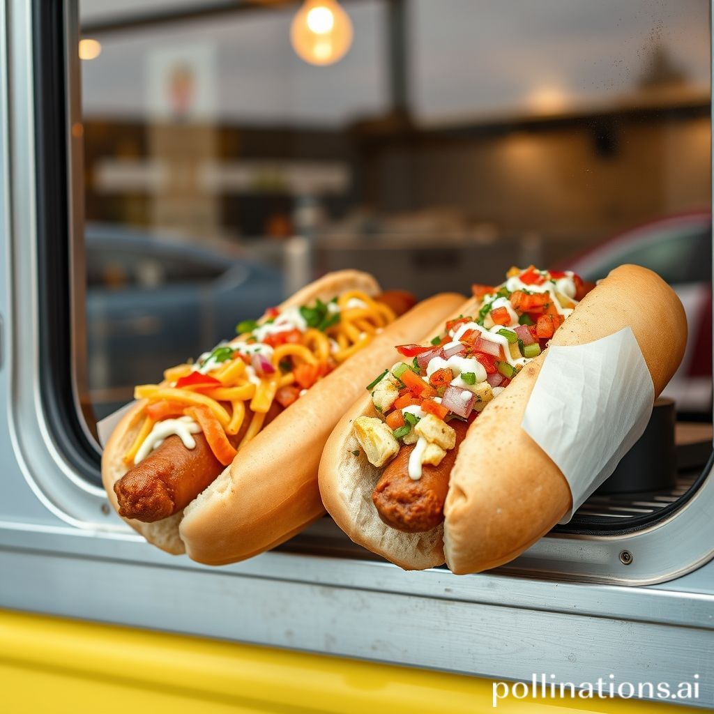 Image of gourmet hot dogs with creative toppings served at a food truck window