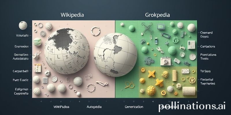 Gráfico comparativo mostrando las diferencias clave entre Wikipedia y Grokipedia (ej. Voluntarios vs. IA, Edición abierta vs. Generación automática).