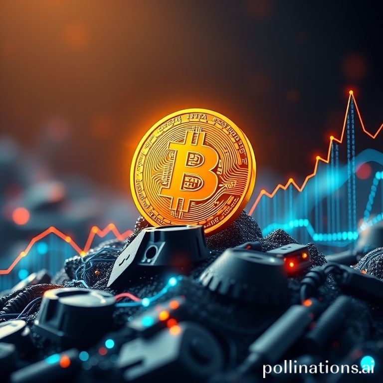 Grafik harga Bitcoin menunjukkan penurunan tajam dan potensi pemulihan, dengan indikator teknis kompleks.