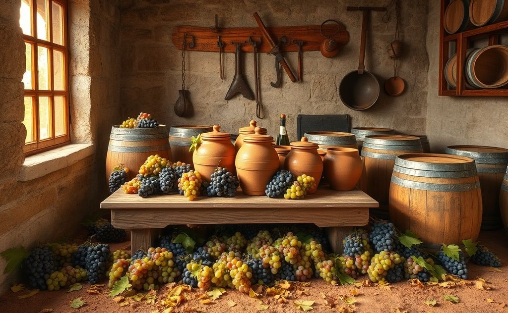 Grape juice fermentation process in a rustic setting
