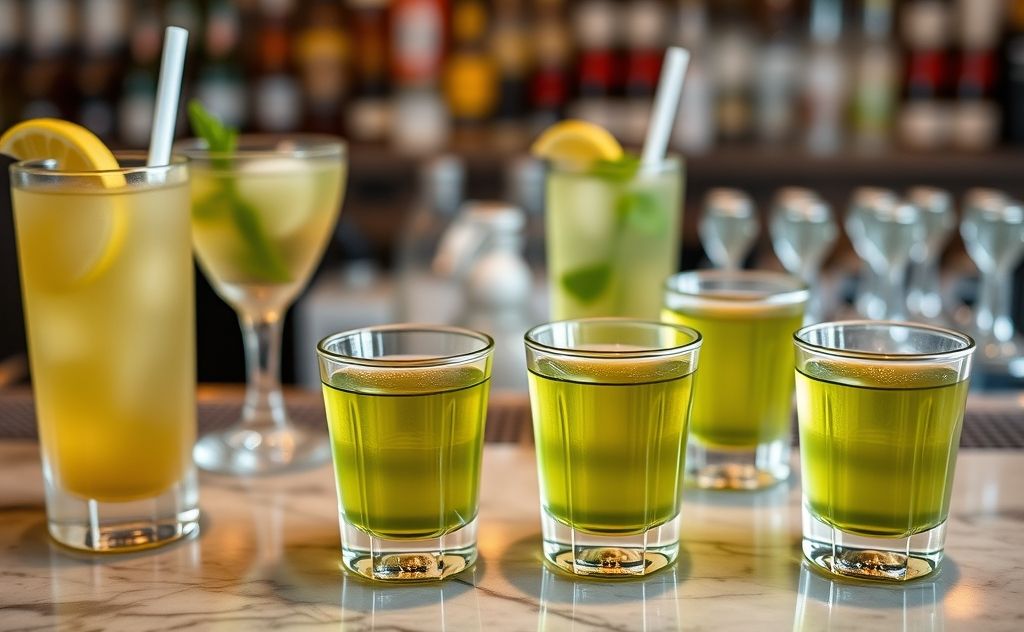 Green tea shots on a bar counter with drinks.