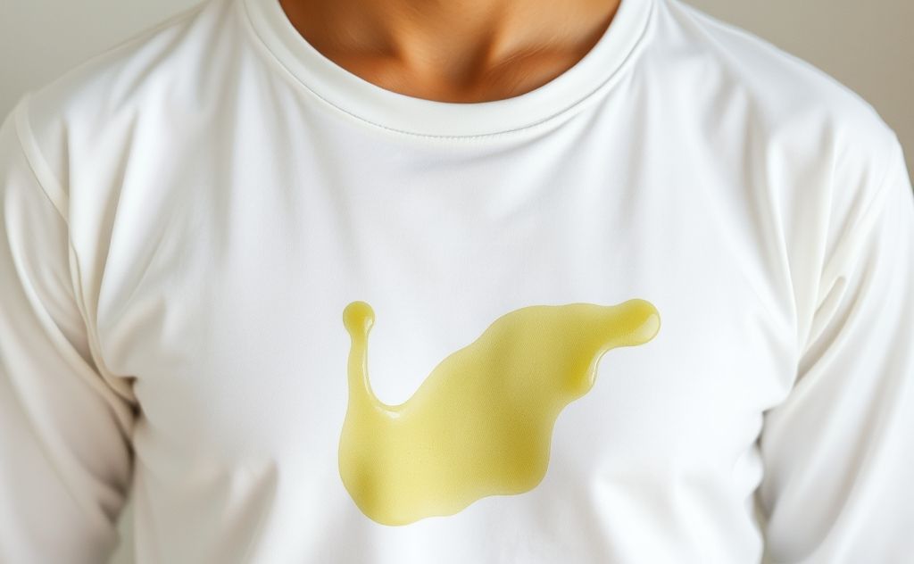 Green tea spill on white shirt with stains visible