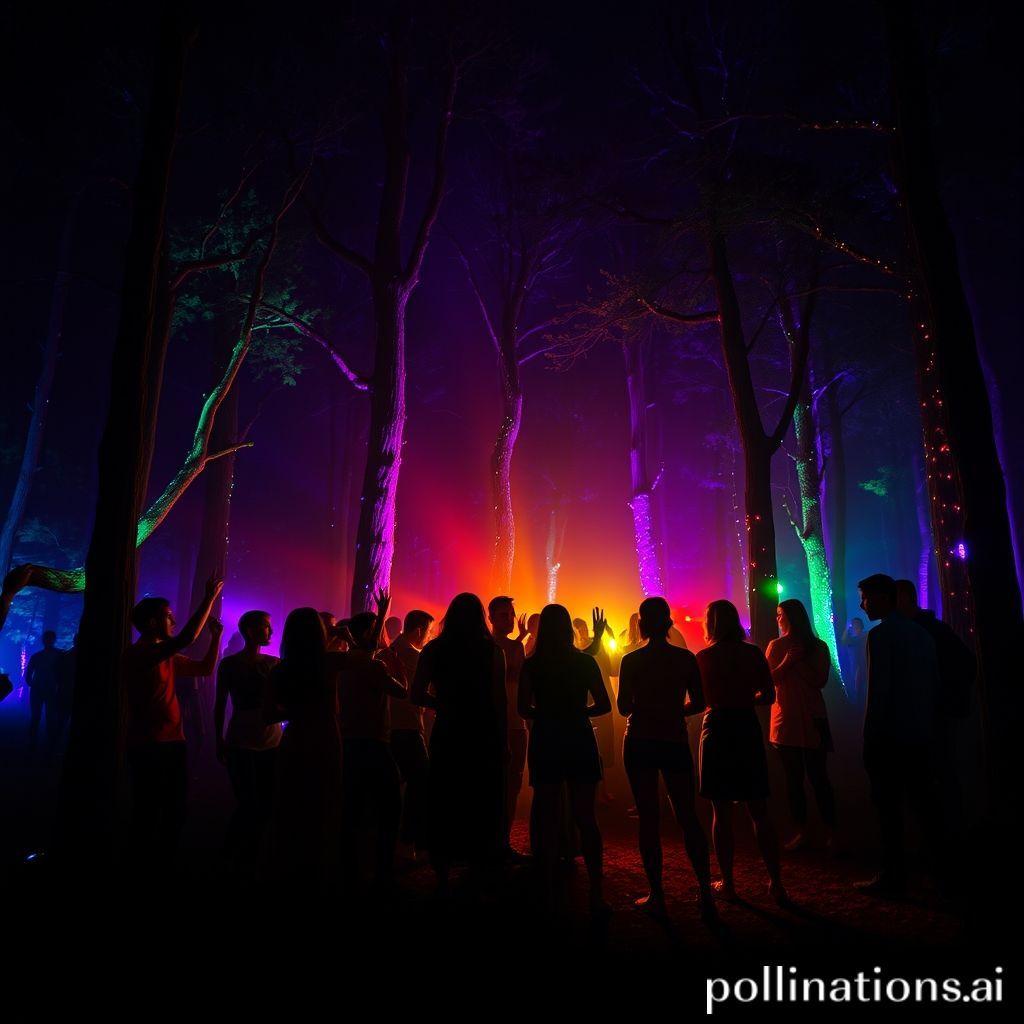 Friends dancing in forest with colorful lights