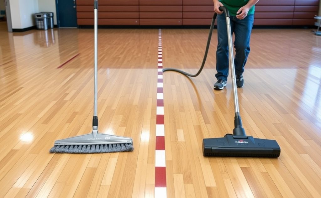 Gym floor cleaning sequence: sweep then vacuum.