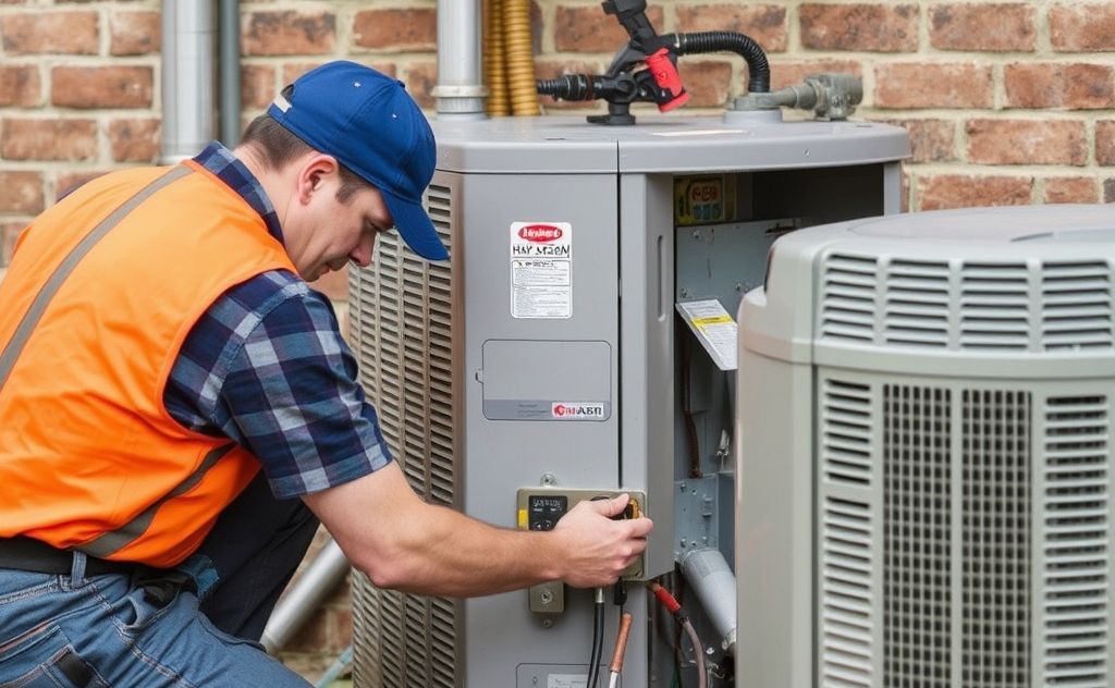 HVAC technician fixing unit after inspection issues