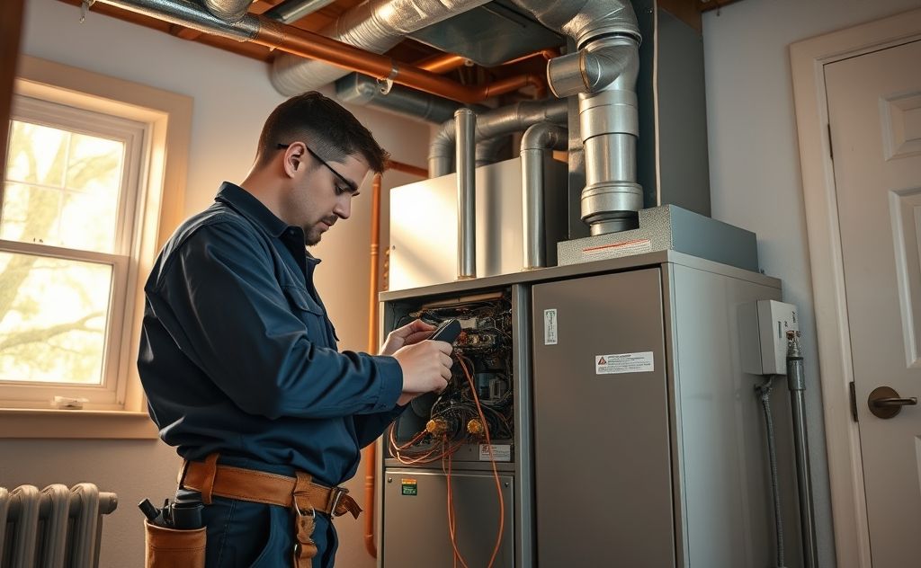 HVAC technician inspecting heating system components