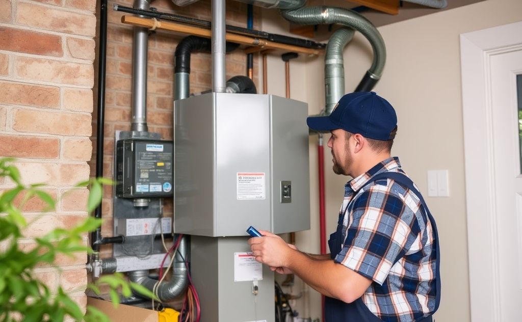 HVAC technician working on a system in a home