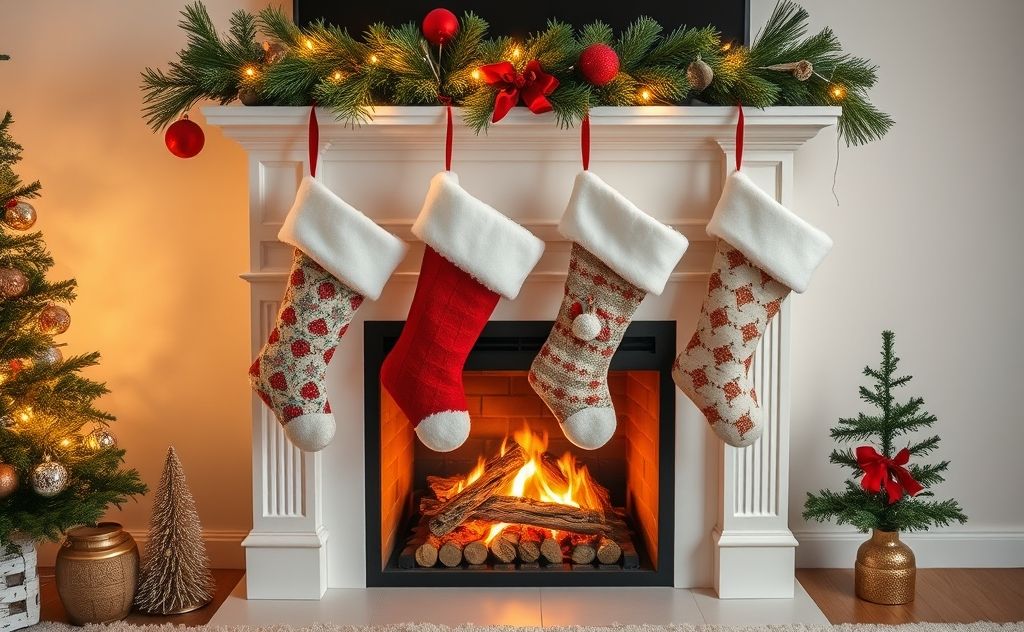 Hang stockings on electric fireplace creatively