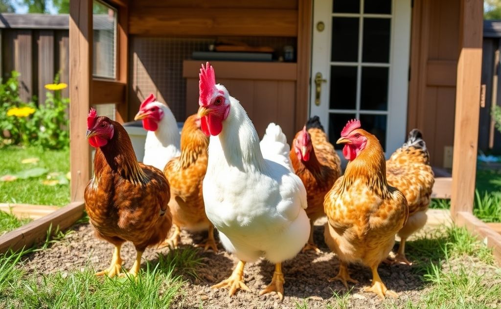 Happy chickens in a sunny backyard coop