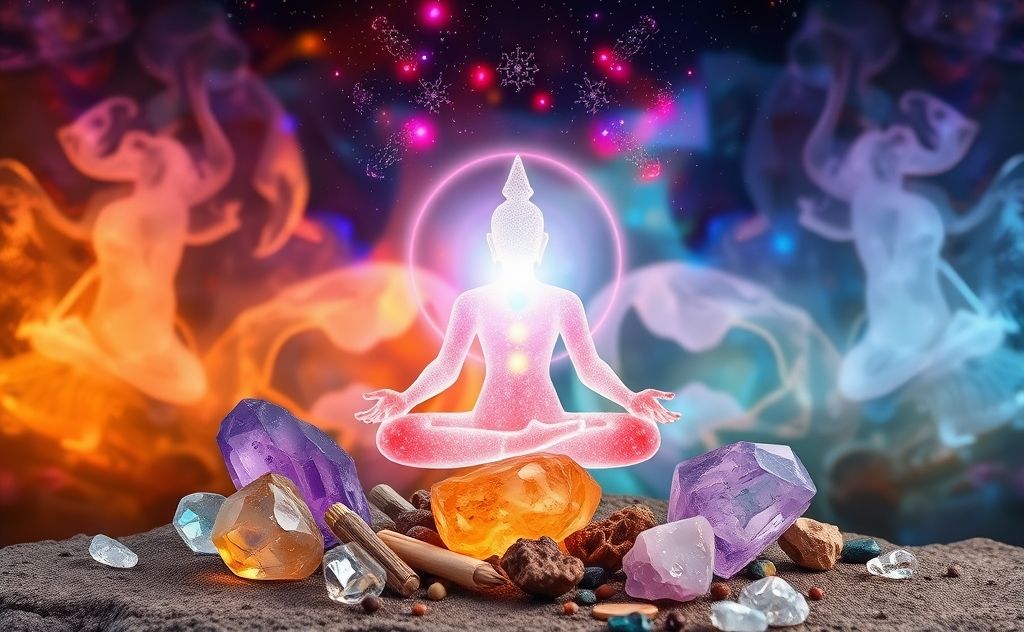 Healing crystals aligned with vibrant chakras