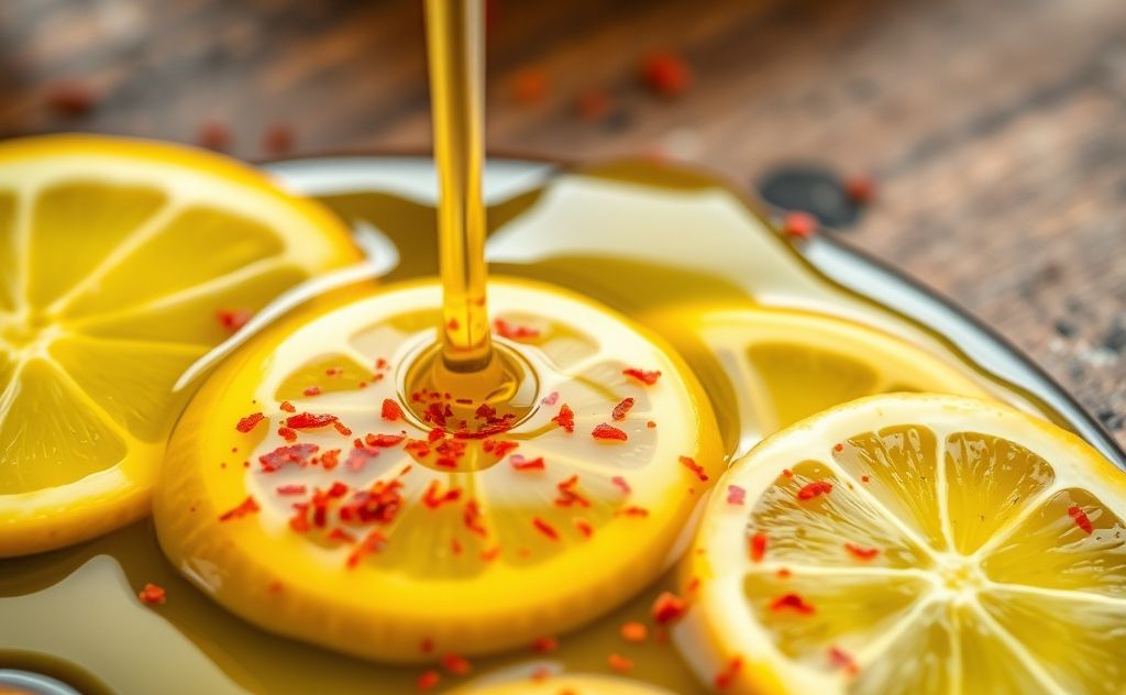 Healthy blend of olive oil, cayenne, and lemon.