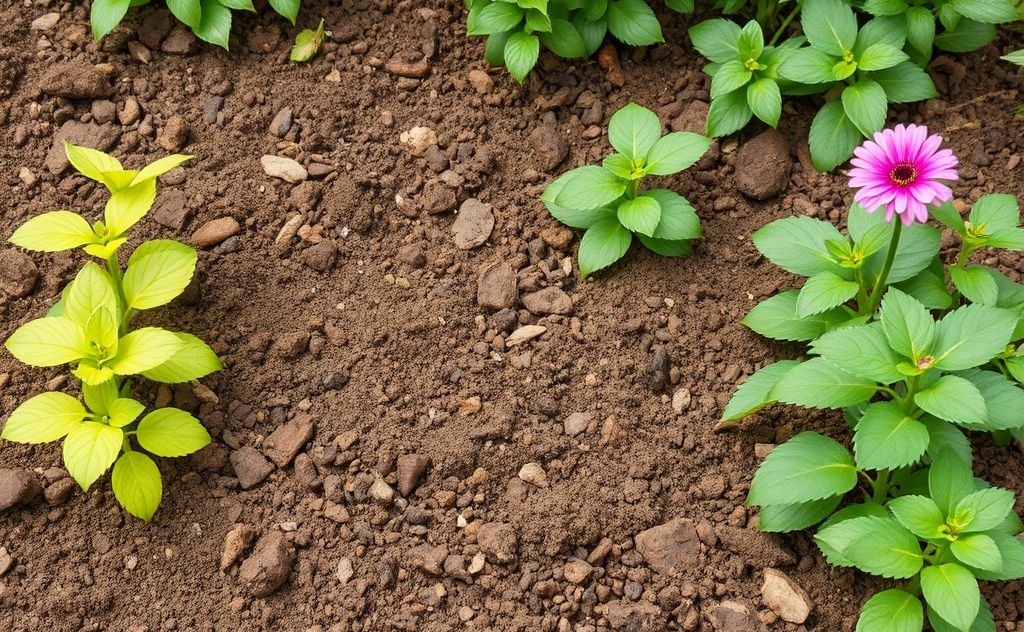 Healthy garden soil with rich compost and vibrant plants.