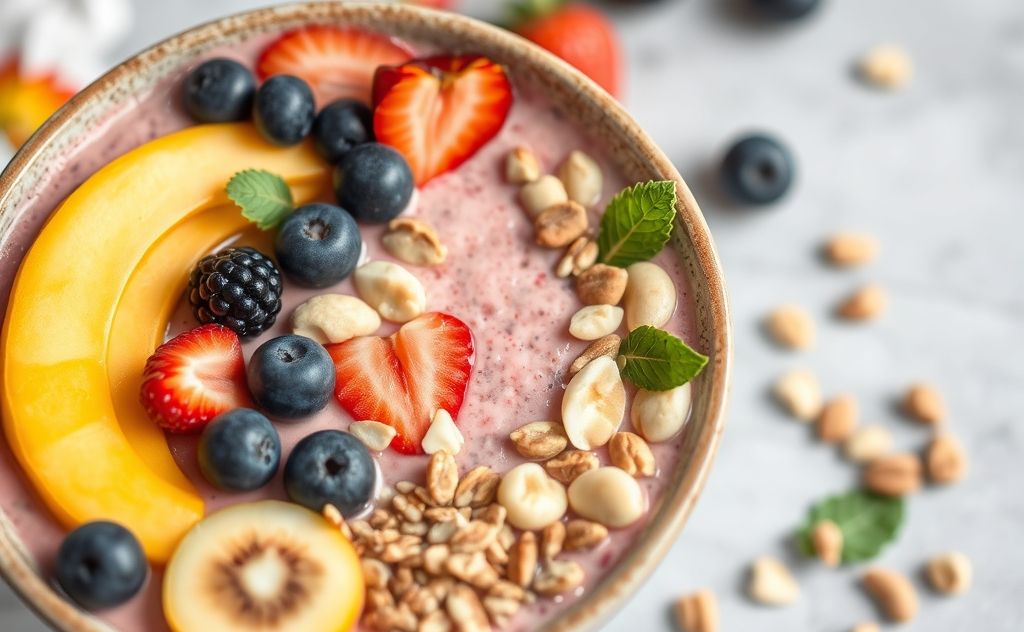 Healthy smoothie bowl with fresh fruits and nuts