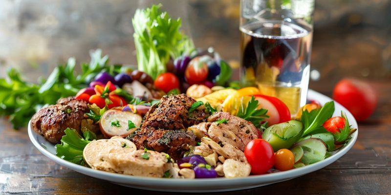 Assiette équilibrée avec protéines maigres, céréales complètes et légumes colorés, avec un verre d'eau en arrière-plan, symbolisant l'alimentation optimale pour l'activité physique.