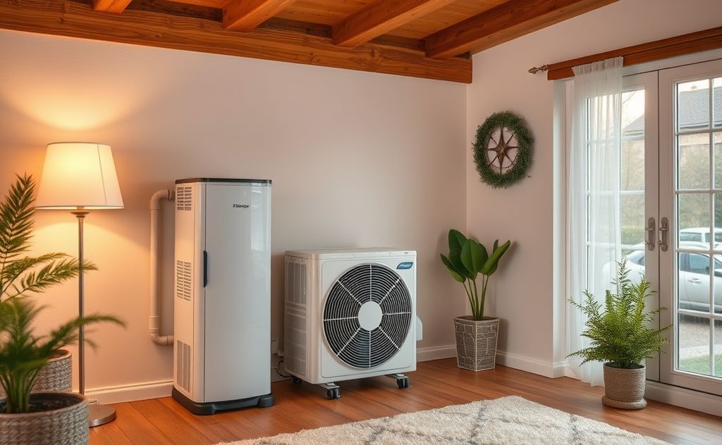 Heat pump in a cozy home with warm air and comfortable atmosphere.
