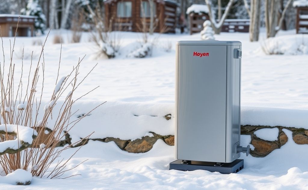 Heat pump water heater in snowy landscape setting