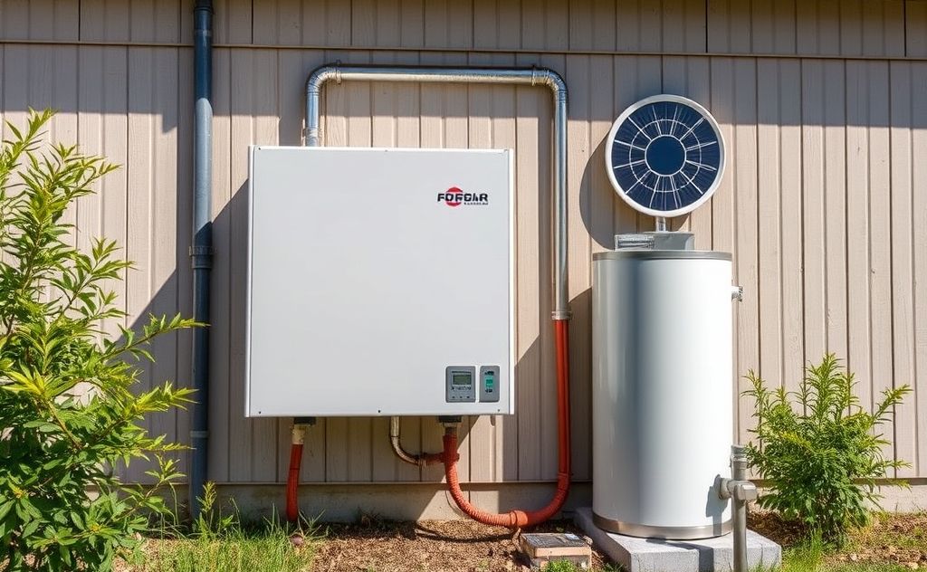 Heat pump water heater installed outdoors with sun