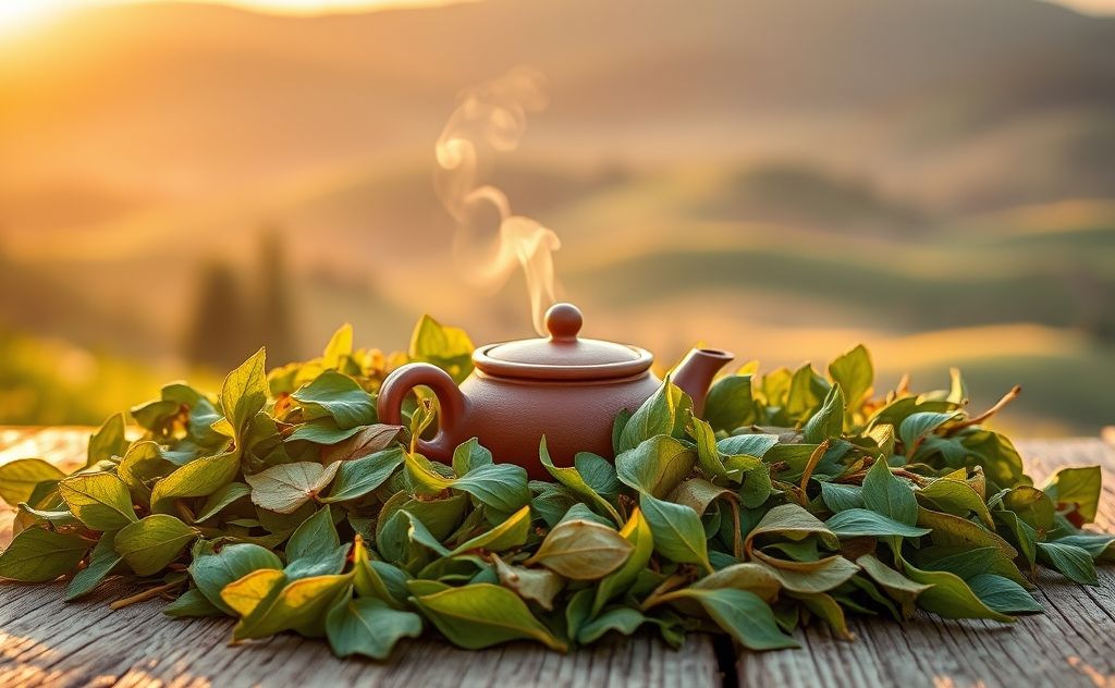 Herbal tea leaves with a scenic backdrop