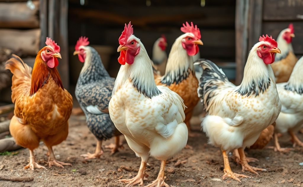 Heritage breed chickens in a rustic farm setting