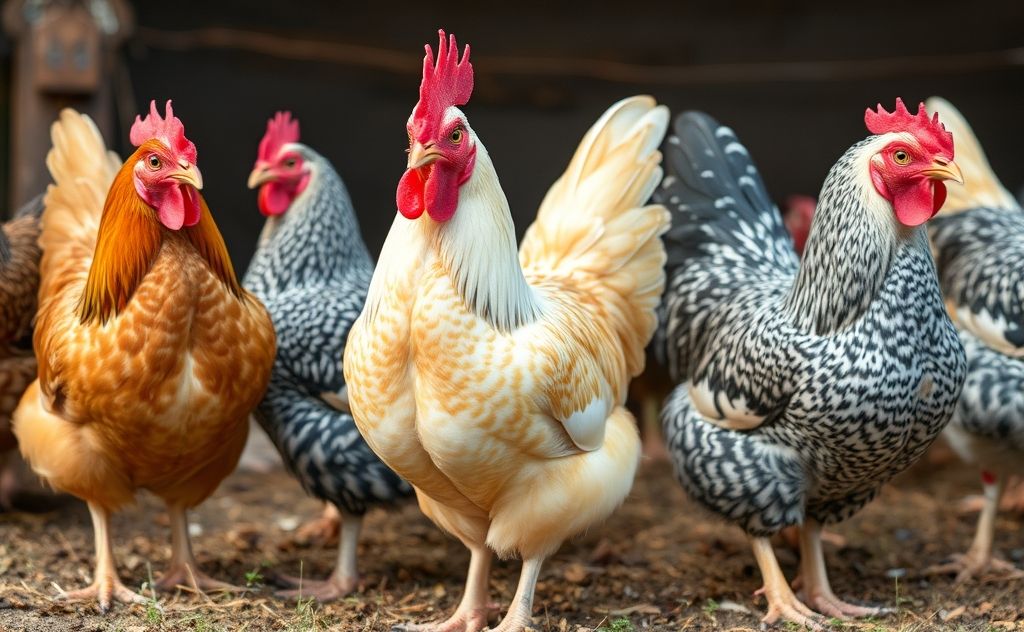 Heritage breed chickens with unique colors and patterns