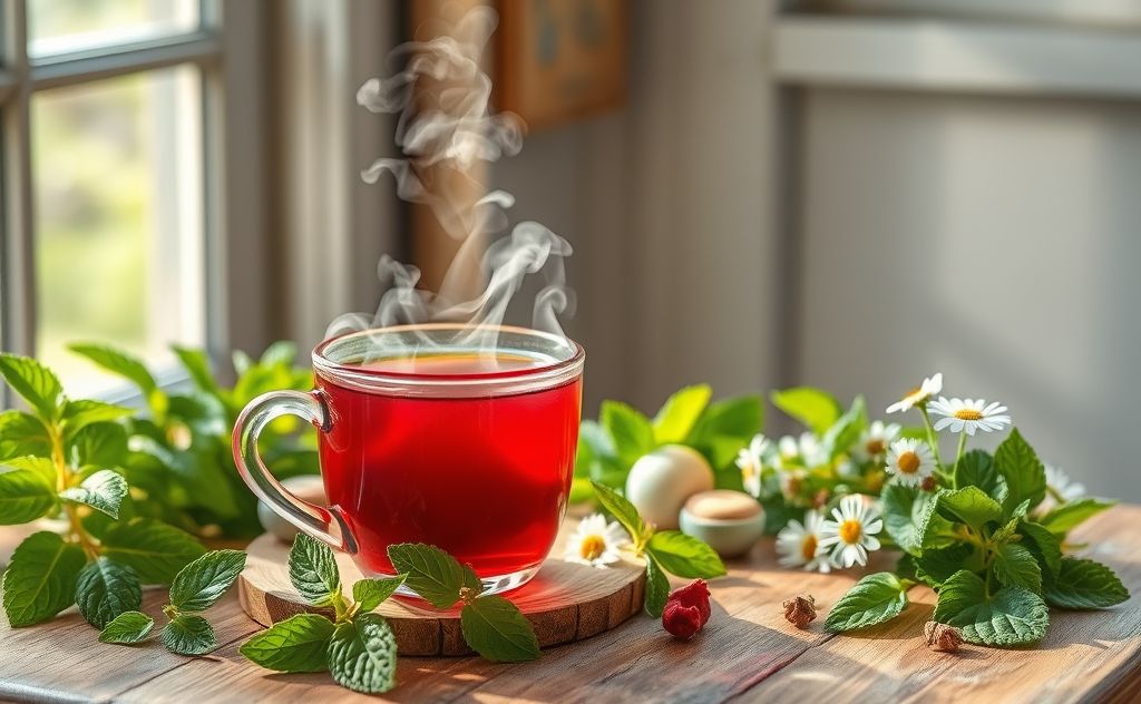 Hibiscus tea in a calming setting with herbs