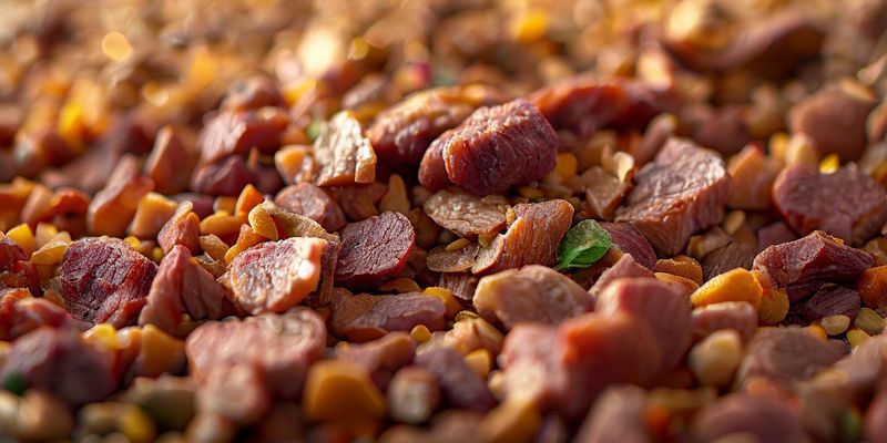 صورة مقربة لطعام كلاب جاف عالي الجودة يظهر كريات بأشكال وألوان متنوعة مع قطع صغيرة مرئية من اللحم والخضروات، مما يعكس نظامًا غذائيًا متوازنًا.