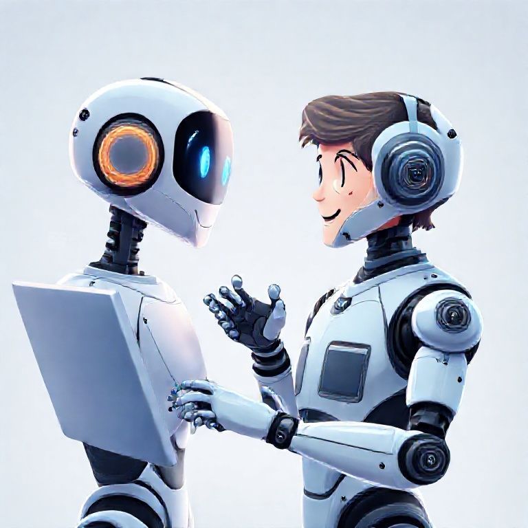 A friendly AI chatbot interacting with a customer on a website's support interface.