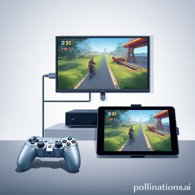 A hybrid gaming setup showing a console connected to a TV, with a tablet next to it streaming the same game from the cloud.