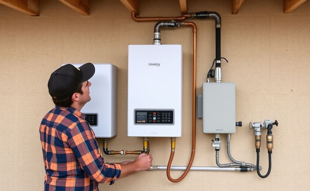 Homeowner installing a tankless water heater setup
