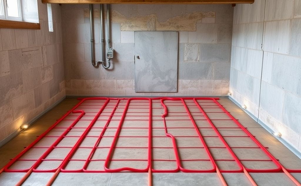 Hot water floor heating system in concrete zones