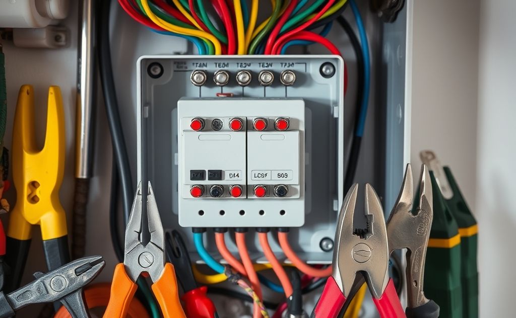 Hot water heater fuse box with tools and wires
