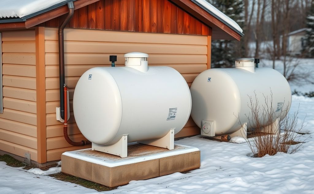 House with heating oil tank in winter setting, showing energy use.