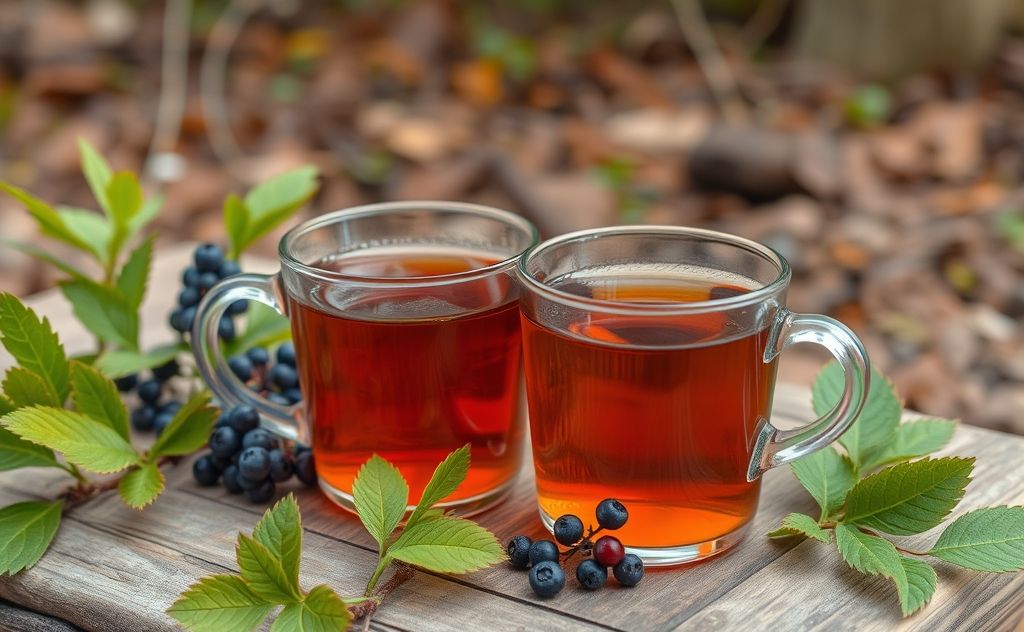Huckleberry tea in a rustic setting with nature.