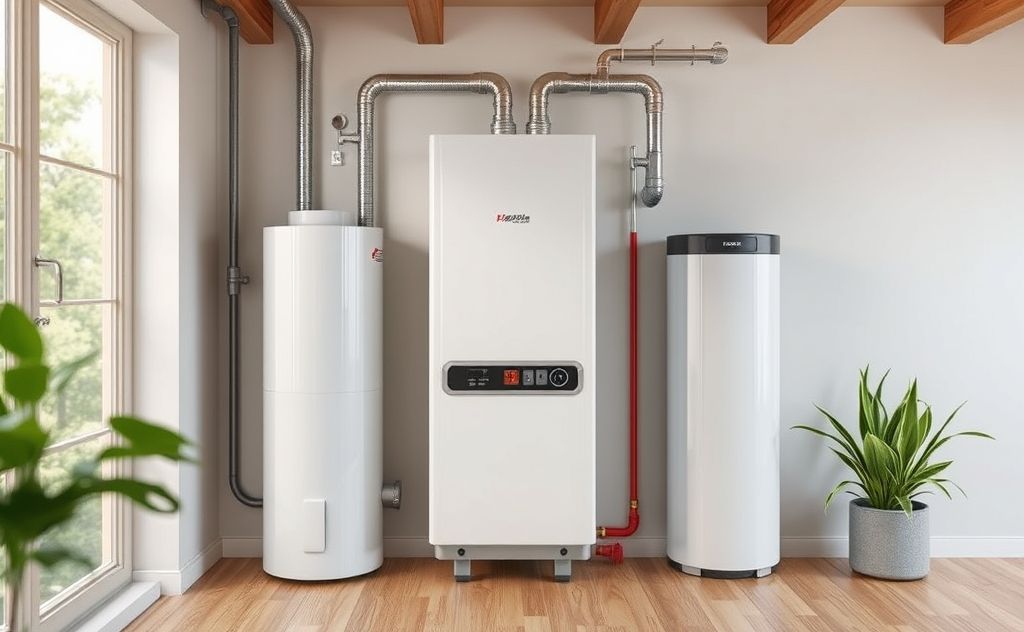 Hybrid heat pump water heater in modern home setting