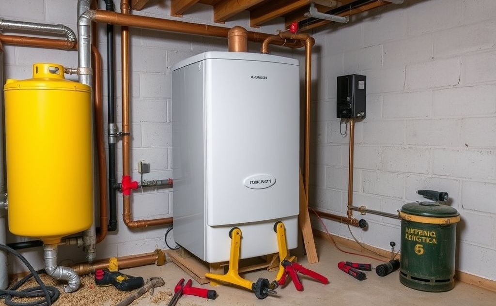 Hydronic boiler repair with tools and equipment