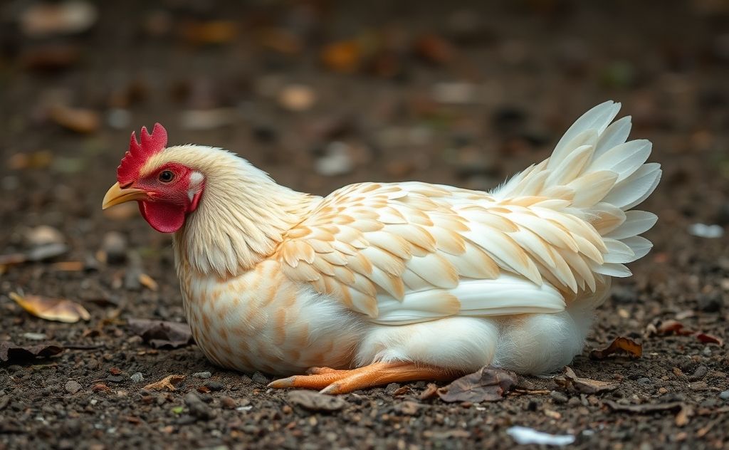 Hypnotized chicken resting calmly on ground