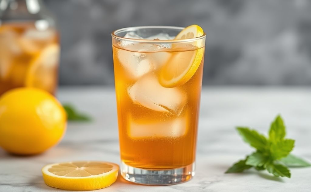 Iced tea in a clear glass with ice and lemon