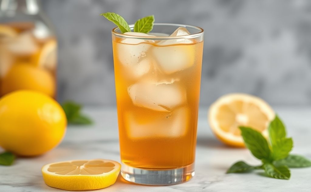 Iced tea in a refreshing glass with ice and lemon
