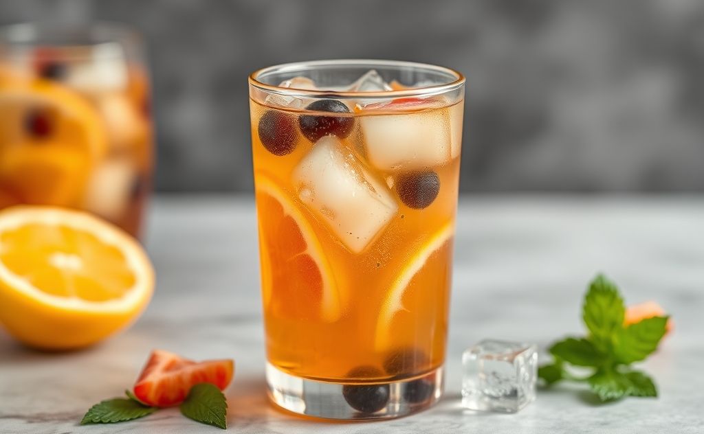 Iced tea with floating fruit and ice cubes