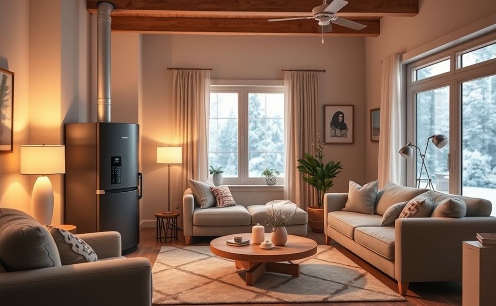 Illustrate Rinnai's innovative built-in freeze protection features in a cozy home setting.
