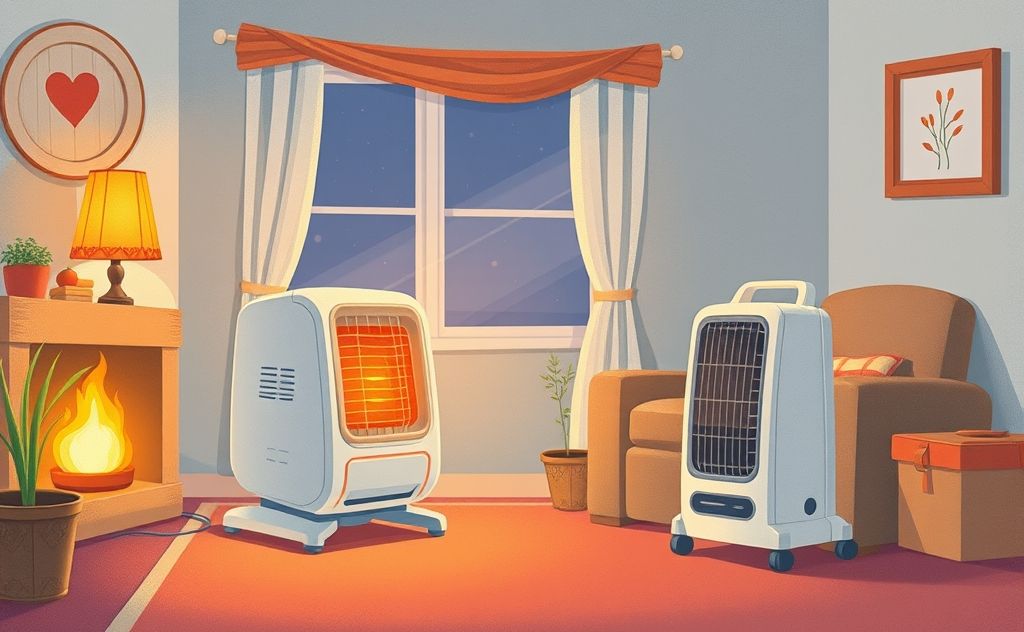 Illustrate a cozy indoor scene with a space heater, emphasizing warmth and safety.