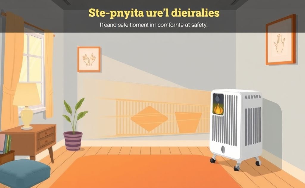 Illustrate a cozy room with a safe, modern heater, highlighting its advantages in comfort and safety.
