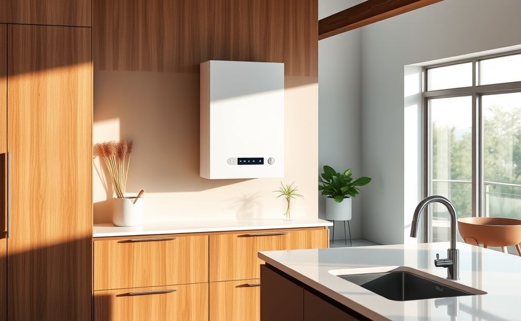 Illustrate a tankless water heater in a modern home setting, showcasing energy efficiency.