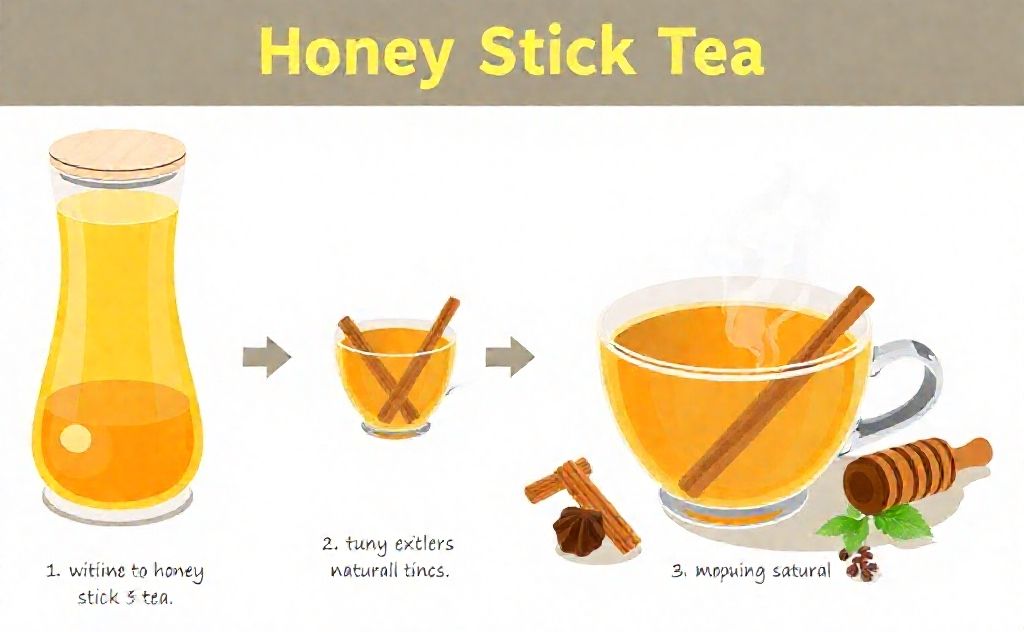 Illustrate the process of making honey stick tea, featuring a steaming cup of tea with honey sticks and natural ingredients.