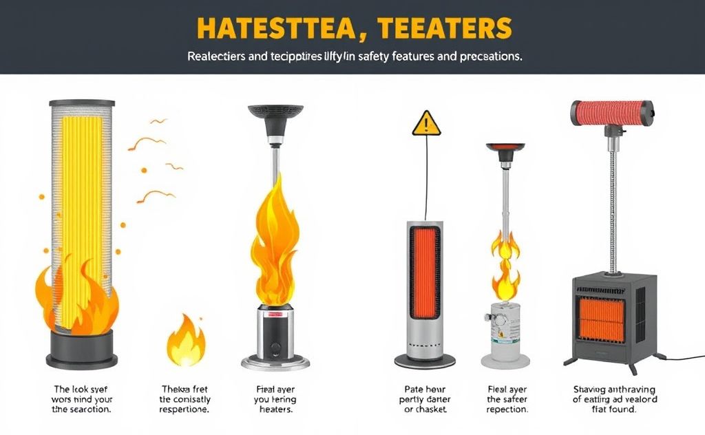 Illustrate various heater types with a focus on safety features and precautions.